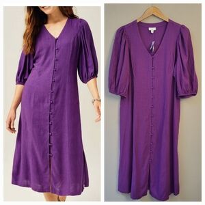 NWT J. Jill Linen Blend Midi Dress Medium Petite Button Up Purple Puff Sleeve